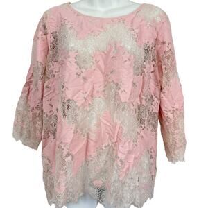 Linea by Louis Dell'Olio Pink Lace Sheer 3/4 Sleeve Womens Top Shirt sz 14